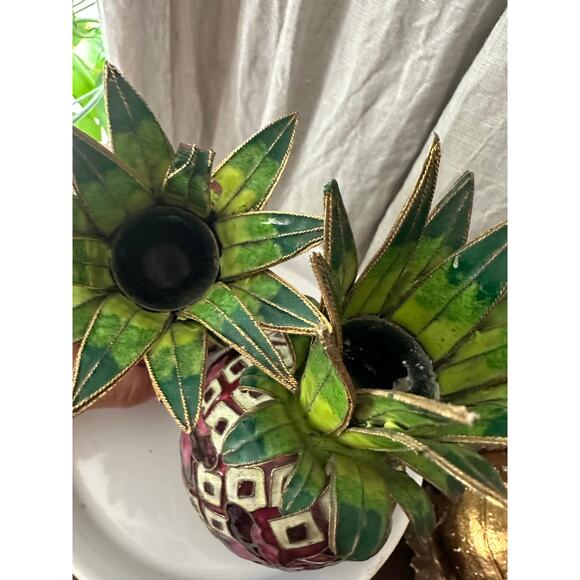 2 Vintage Cloisonné Enameled Pineapple Candlestick Holders Hollywood regency set - Picture 14 of 16